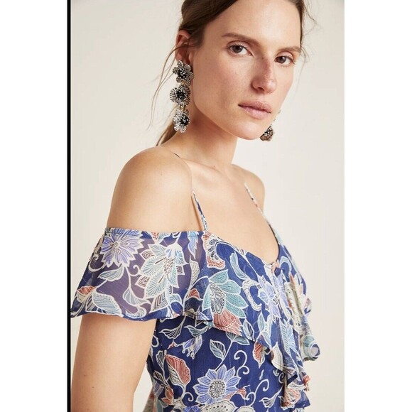 Anthropologie Maeve Mariposa Open-Shoulder Ruffled Top Size 0 Floral Boho Navy - Picture 3 of 12